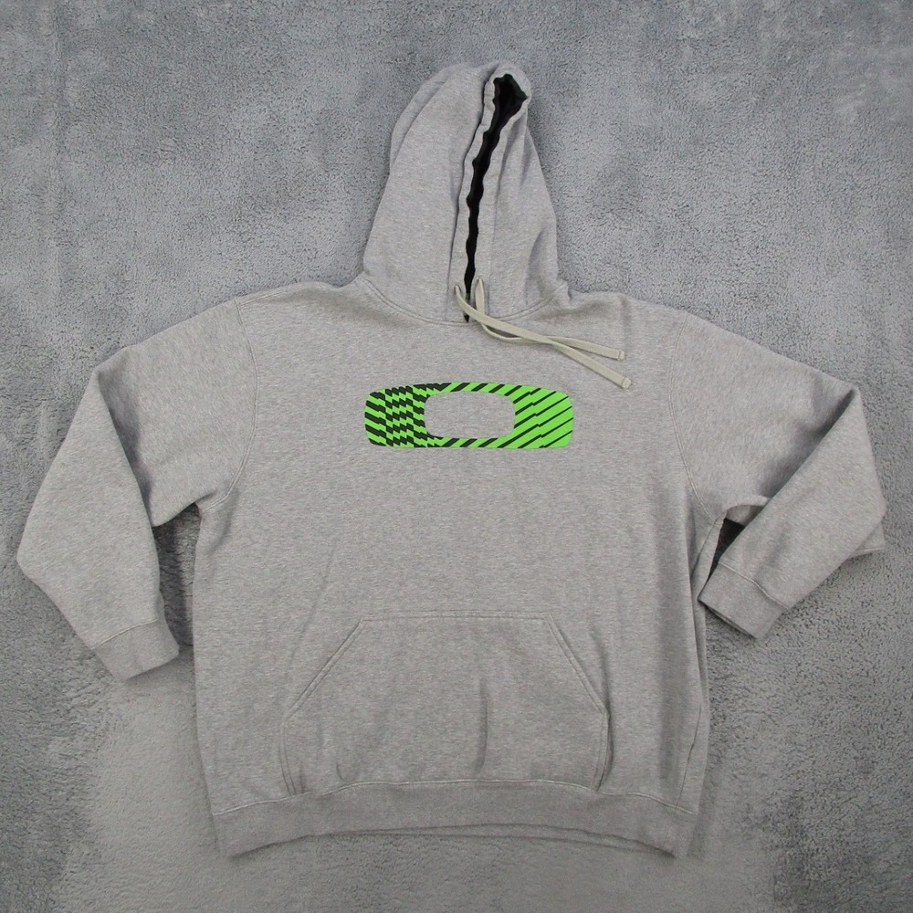 Oakley Mens Hoodie XXL Gray Neon Green Logo Pullover Sweatshirt 471247 F09